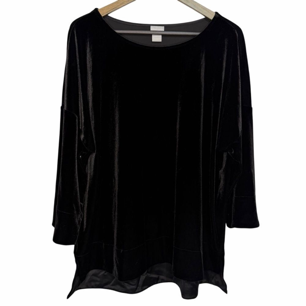 Chico’s Crushed Velvet 3/4 Dolman Sleeve Tunic Top size 3/XL/16 Black Party